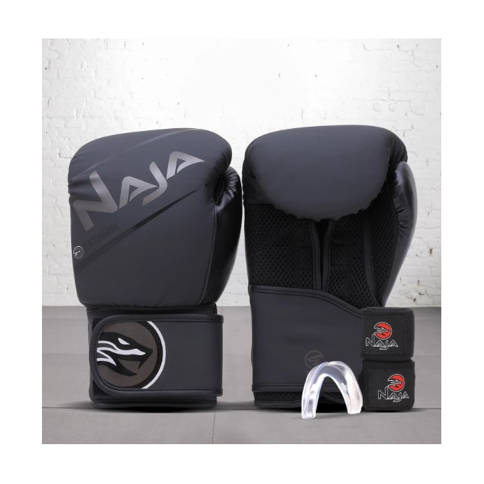 LUVA BOXE / MUAY THAI NAJA EXTREME CONJUNTOKit Boxe e Muay Thai Naja Extreme Luva + Bandagem + Bucal